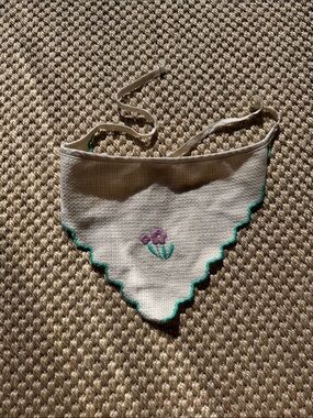 Hand-Embroidered Floral Scalloped Bandana Bib - Cream with Purple & Green